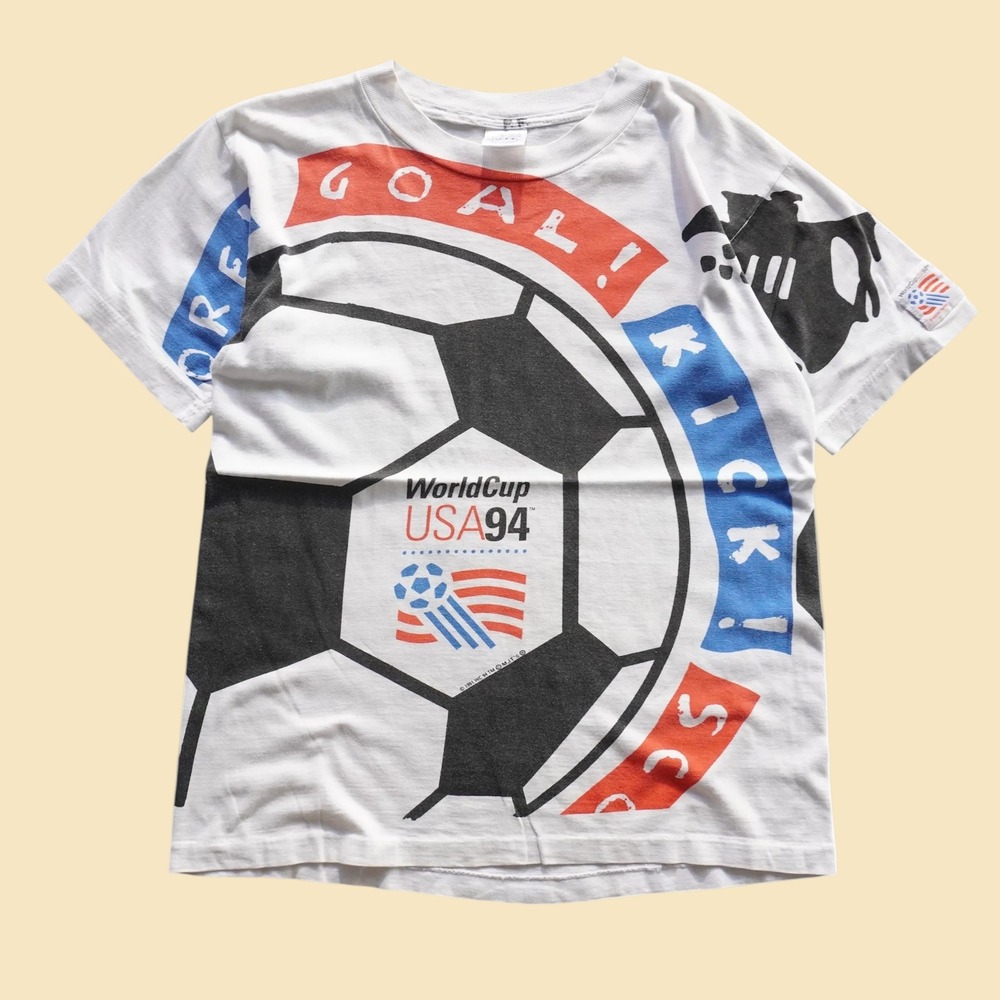 Vintage Mikko World Cup USA 94 Soccer Graphic T-Shirt Kids Large White 90s AOP